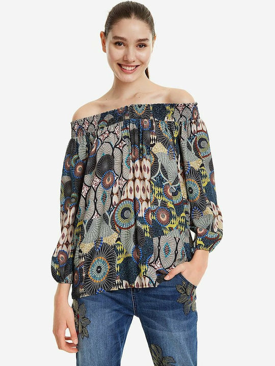 Desigual Μelina Women's Summer Blouse Off-Shoulder Long Sleeve with Boat Neckline Blue