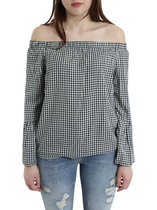 Women's Blouse Off-Shoulder Long Sleeve Checked White/black