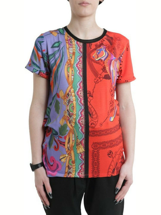 Desigual Craft Damen Sommer Bluse Kurzärmelig Blumen Rot