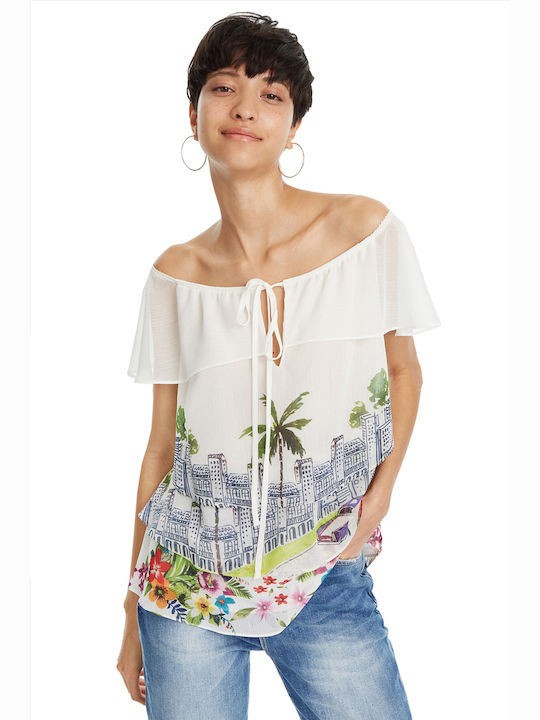 Desigual Colette Women's Summer Blouse Off-Shoulder Short Sleeve White