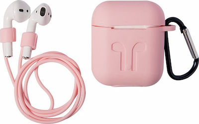 Σετ Θήκη & Anti-Lost Strap με Γάντζο σε Ροζ χρώμα για Apple AirPods