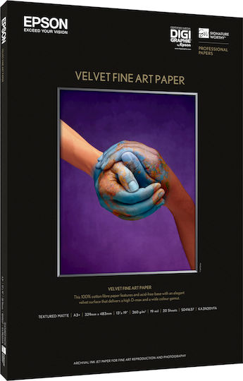 Epson Velvet Fine Art Paper Photo Paper Matte A3+ 260gr/m² for Printers Inkjet 20 Sheets