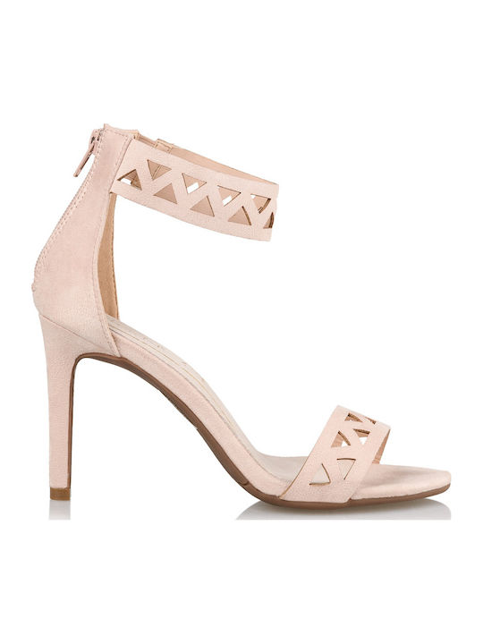 Suede Women's Sandals with Thin High Heel In Pink Colour