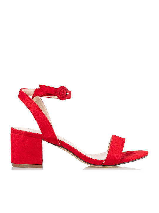 Envie Shoes Suede Women's Sandals with Chunky Medium Heel In Red Colour