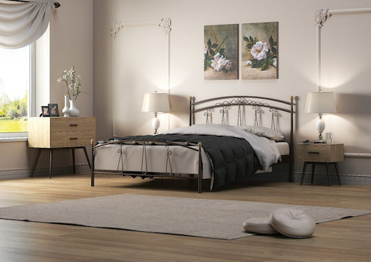 Pat Prețios Dublu Tapițat cu Material Maro pentru Saltea 160x200cm