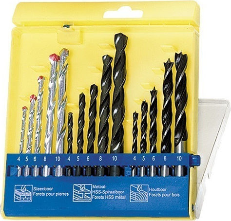 Sparta 15 Set Drill Bits with Cylindrical Shank for Wood, Metal and Masonry