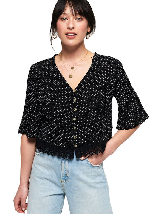 Superdry Joesphine pentru Femei de Vară Bluză Mâneci scurte Polka Dot Neagră