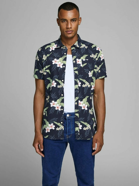 Jack & Jones Cămașă Bărbătească Cu mânecă scurtă Floral Albastru marin