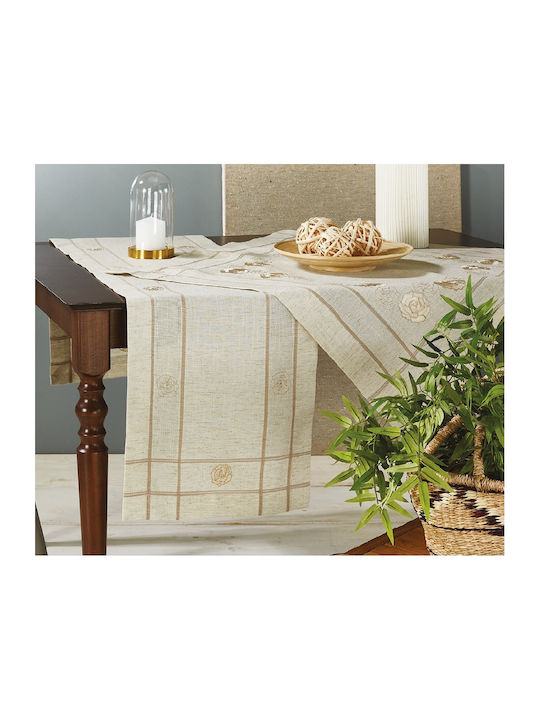 Whitegg 1621 Cotton Checkered Tablecloth with Embroidery Ecru 90x90cm