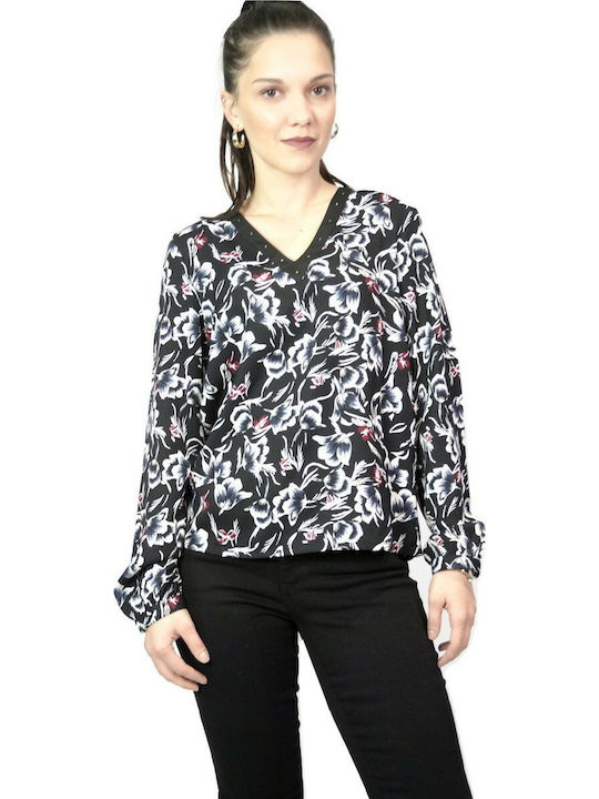 Vero Moda Damen Bluse Langärmelig Blumen Schwarz