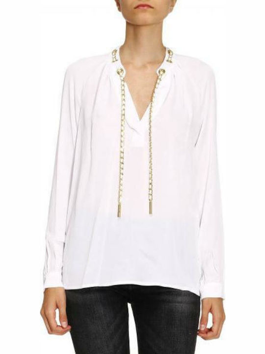 Michael Kors Women's Blouse Long Sleeve with V Neckline White