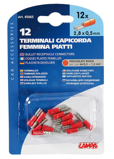 Lampa Bullet Receptacle Connectors 2.8x0.5mm 12Pcs με Μόνωση Κόκκινο σε σετ των 12τμχ