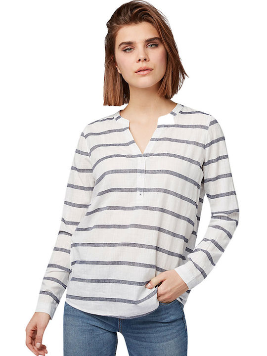 Tom Tailor Summer Tunic Long Sleeve with V Neckline Striped White