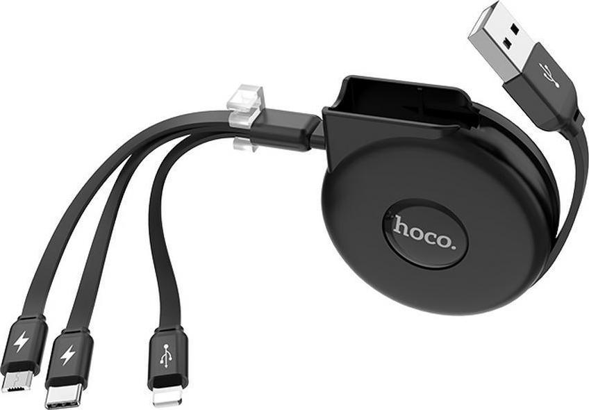Hoco Retractable USB to Lightning / TypeC / micro USB Cable Μαύρο 1m