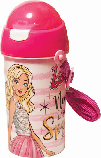 Gim Flip Pop Up Kids Water Bottle Barbie Plastic with Straw Pink 500ml