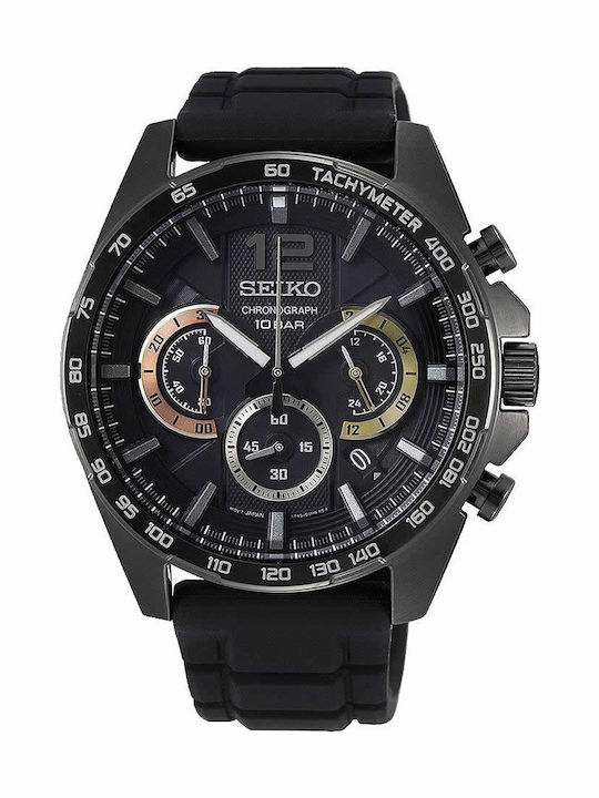 Seiko Мъжки Часовник 43.9mm Хронограф На Батерия С Черна Каучукова Каишка