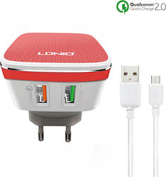 Ldnio Φορτιστής με 2 Θύρες USB-A και Καλώδιο micro USB Quick Charge 2.0 Πορτοκαλί (A2405Q)
