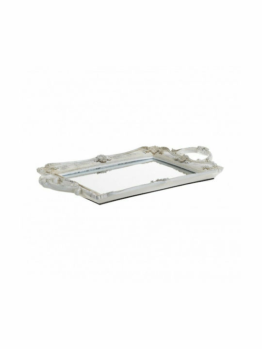 Inart Polyresin Rectangular Decorative Tray Δίσκος Polyresin Με Καθρέπτη Αντικέ Λευκός/Ασημί 40x25x5cm with Mirror 40x25x5cm