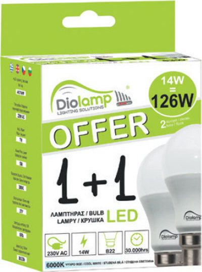 Diolamp LED-Lampen 7W 108mm für Fassung B22 und Form A60 Naturweiß 580lm 2Stück