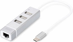 Digitus USB-Hub 3 Anschlüsse (USB-C) + LAN DA-70253 Digitus USB-Hub 3 Anschlüsse (USB-C) + LAN DA-70253