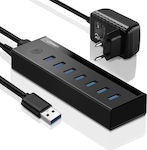 Ugreen US219 USB 3.0 7 Port Hub with USB-A Connection & Charging Port and External Power Supply Gray