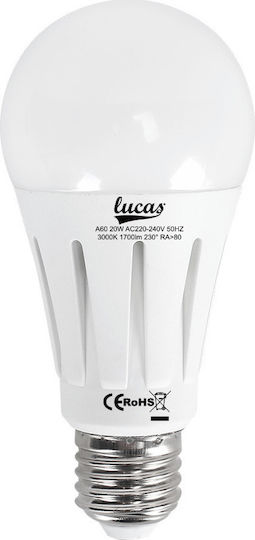 Lucas Λάμπα LED 20W 133mm για Ντουί E27 και Σχήμα A60 Φυσικό Λευκό 1700lm
