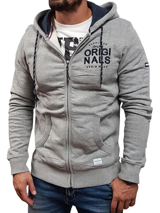 Jack & Jones Men's Sweatshirt Jacket with Hood and Pockets Light Grey Melange