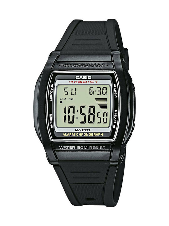 Casio Digital Watch Battery with Black Rubber Strap W-201-1AVEF