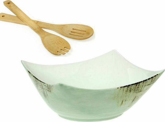 Cryspo Trio Country Porcelain Salad Bowl with Salad Spoons Green 25x25x12cm