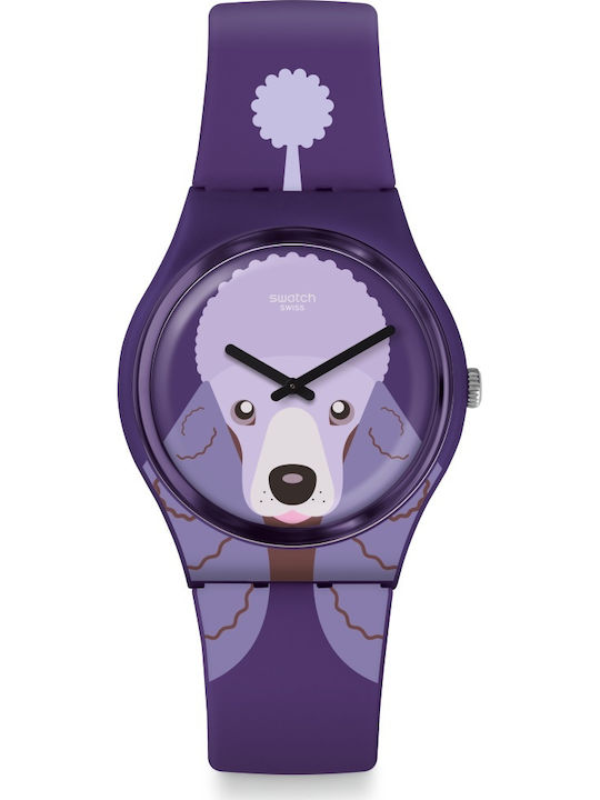 Swatch Poodle Women's Watch with Purple Rubber Strap