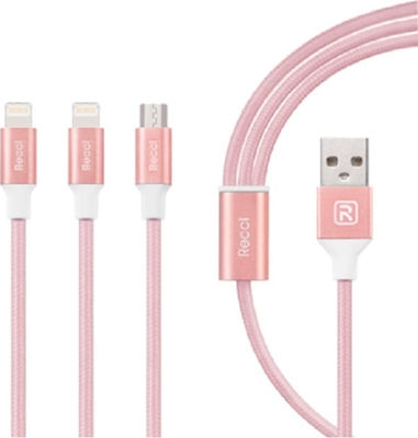 Recci Braided USB to Lightning / Type-C / micro USB Cable Ροζ 1.2m (RCS-H120)