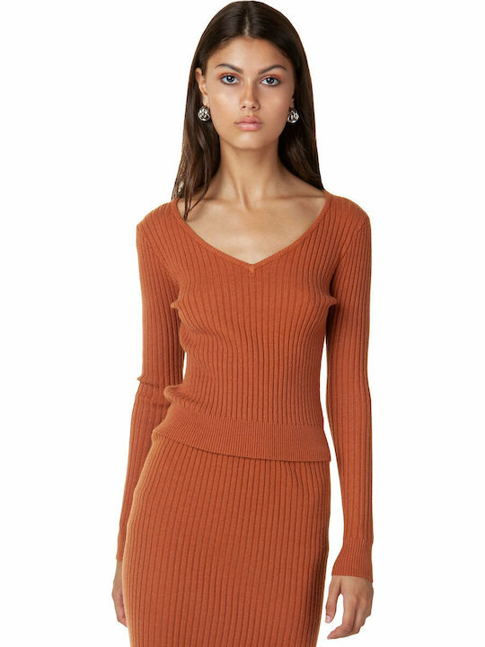 Toi&Moi Women's Long Sleeve Pullover with V Neck Orange