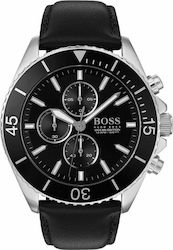 Hugo Boss Ρολόι Ocean Edition Χρονογράφος με Δερμάτινο Λουράκι σε Μαύρο χρώμα