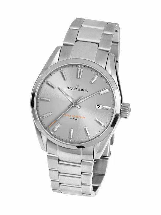 Jacques Lemans Derby Ανδρικό Ρολόι 41mm Μπαταρίας με Ασημί Μεταλλικό Μπρασελέ