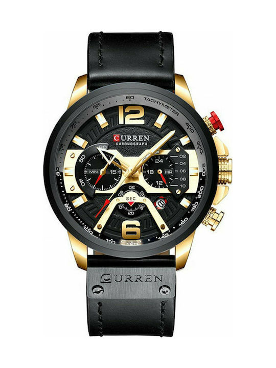 Curren Watch Chronograph Battery with Leather Strap Black Gold