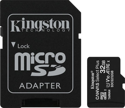 Kingston Canvas Select Plus microSDHC 32GB Class 10 U1 V10 A1 UHS-I με αντάπτορα