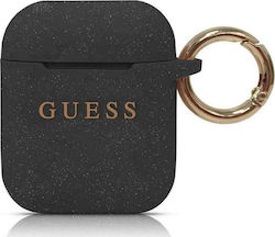 Guess Silicone Case Hülle Silikon mit Haken Black Shine für Apple AirPods 1 / AirPods 2