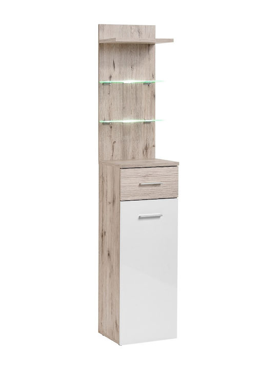 Floor-standing Living Room Display Cabinet made of Particleboard with Lighting Wellington Oak / White High Gloss 40x35x200cm