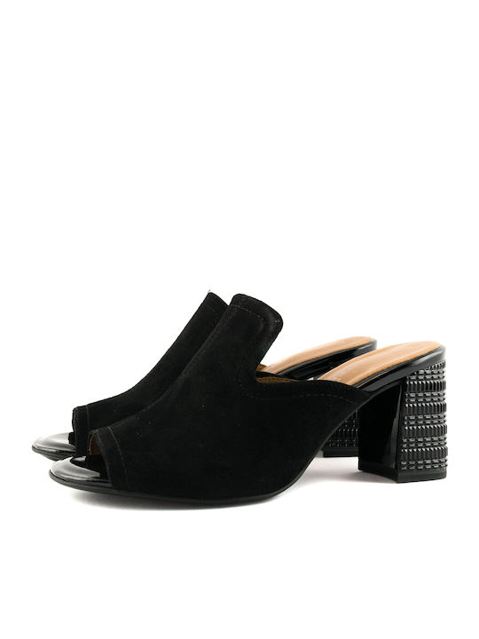 Leather Mules with Chunky High Heel in Black Color