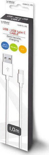 Savio USB 2.0 Cable USB-C Male - USB-A White 1m