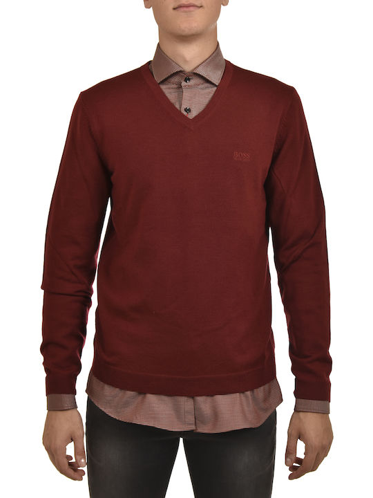 Hugo Boss Men's Long Sleeve Sweater with V-Neck Burgundy