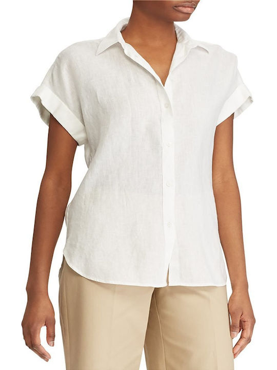 Women's Linen Monochrome Short Sleeve Shirt White