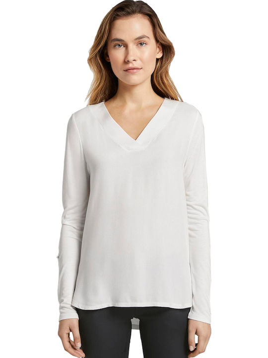 Tom Tailor Women's Blouse Long Sleeve with V Neckline White