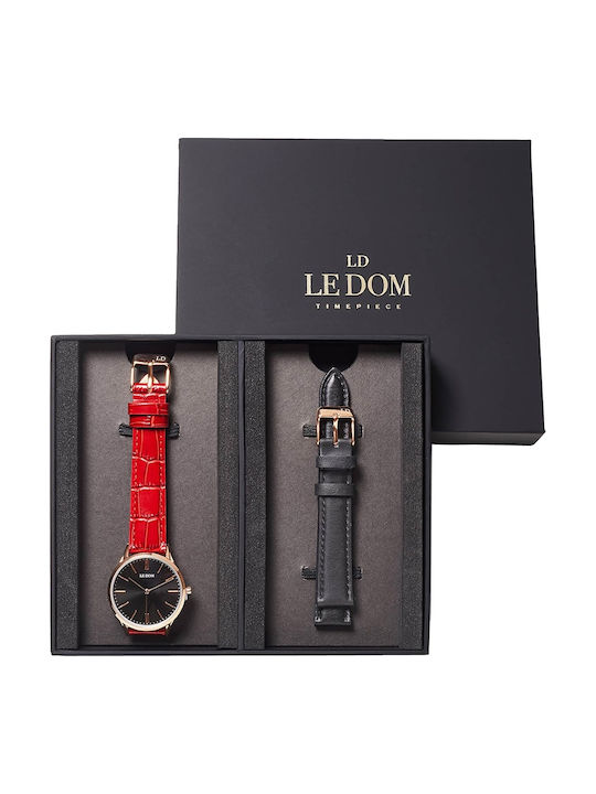 Le Dom Classic Box Set Γυναικείο Ρολόι 34mm Μπαταρίας με Κόκκινο Δερμάτινο Λουράκι