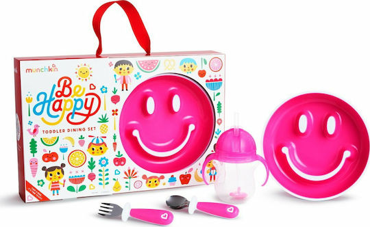 Munchkin Σετ Φαγητού Be Happy από Πλαστικό με Αντιολισθητική Βάση Ροζ 4τμχ για 12+ μηνών