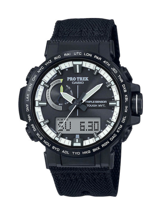 Casio Pro Trek Αναλογικό/Ψηφιακό Ανδρικό Ρολόι 47mm Χρονογράφος Solar με Μαύρο Καουτσούκ Λουράκι