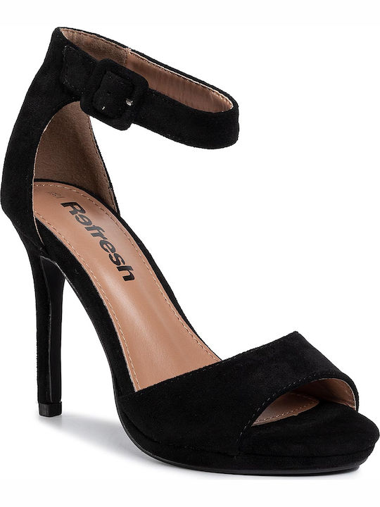 Refresh Platform Suede Women's Sandals with Ankle Strap Black with Thin High Heel