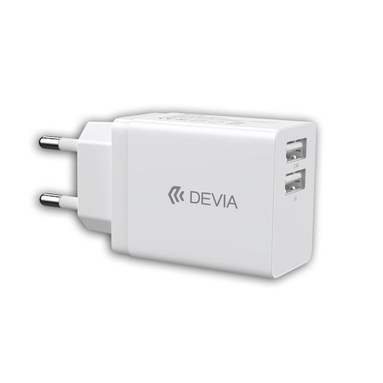 Devia Зарядно Устройство Без Кабел с 2 USB-A Изходни Порта 12W Бял (DVCH-329593)