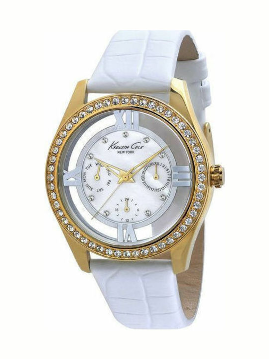 Kenneth Cole Γυναικείο Ρολόι 37mm Χρονογράφος Μπαταρίας με Λευκό Δερμάτινο Λουράκι