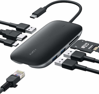Aukey Unity C71 USB-C Stație de andocare cu HDMI 4K PD Ethernet Negru